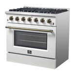 Forno Galiano 36-inch Freestanding Gas Range in White with Antique Brass Design, 6 Burners, 83,000 BTU, 5.36 cu.ft. Convection Oven - BonPrix Électroménagers