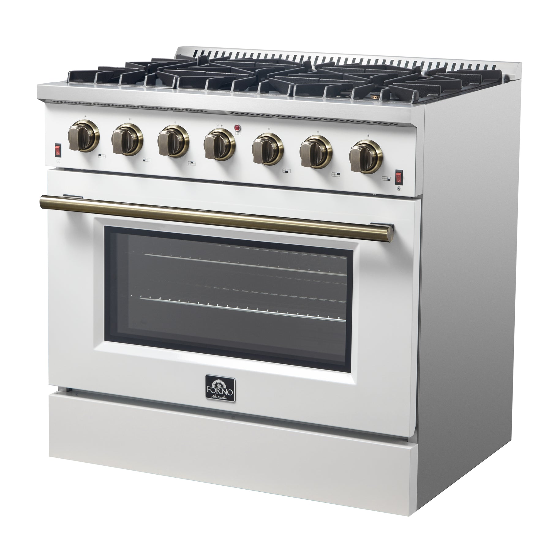 Forno Galiano 36-inch Freestanding Gas Range in White with Antique Brass Design, 6 Burners, 83,000 BTU, 5.36 cu.ft. Convection Oven - BonPrix Électroménagers