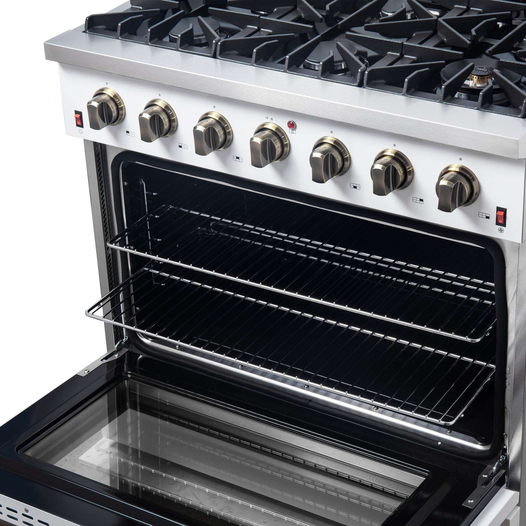 Forno Galiano 36-inch Freestanding Gas Range in White with Antique Brass Design, 6 Burners, 83,000 BTU, 5.36 cu.ft. Convection Oven - BonPrix Électroménagers