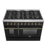 FORNO Galiano 48-inch Gas Range Black & Antique Brass Design, 8 Burners, 107,000 BTU, Griddle, 6.58 cu.ft. Double Ovens - BonPrix Électroménagers