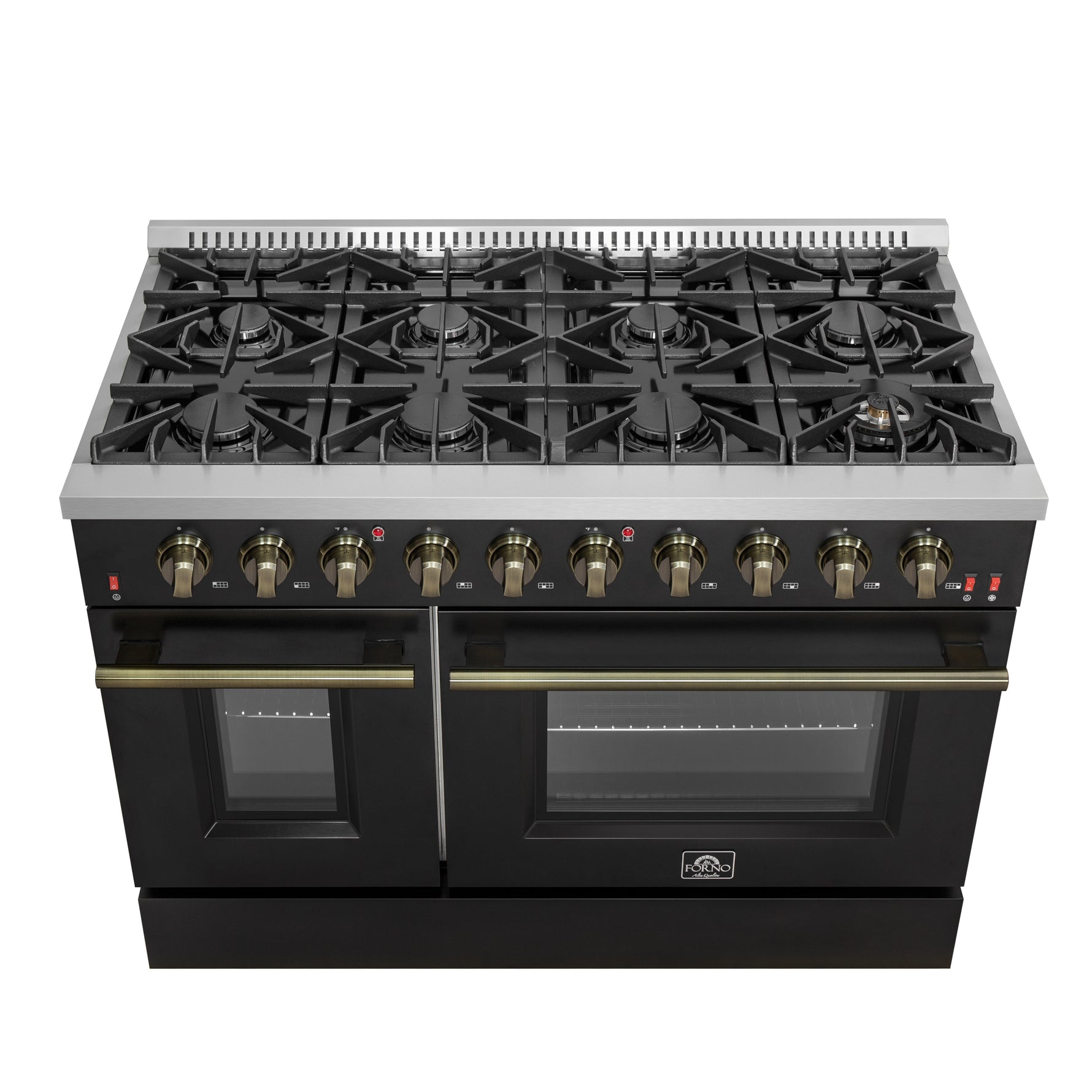 FORNO Galiano 48-inch Gas Range Black & Antique Brass Design, 8 Burners, 107,000 BTU, Griddle, 6.58 cu.ft. Double Ovens - BonPrix Électroménagers