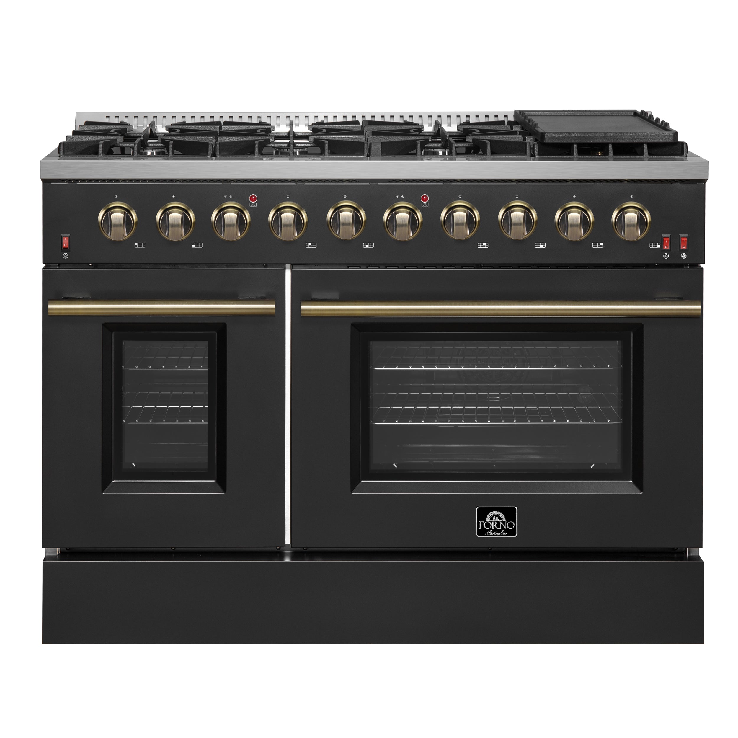 FORNO Galiano 48-inch Gas Range Black & Antique Brass Design, 8 Burners, 107,000 BTU, Griddle, 6.58 cu.ft. Double Ovens - BonPrix Électroménagers