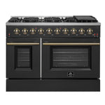 FORNO Galiano 48-inch Gas Range Black & Antique Brass Design, 8 Burners, 107,000 BTU, Griddle, 6.58 cu.ft. Double Ovens - BonPrix Électroménagers