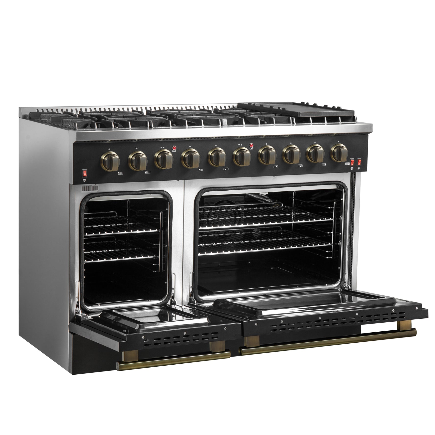 FORNO Galiano 48-inch Gas Range Black & Antique Brass Design, 8 Burners, 107,000 BTU, Griddle, 6.58 cu.ft. Double Ovens - BonPrix Électroménagers