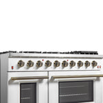 FORNO Galiano 48-inch Gas Range White & Antique Brass Design, 8 Burners, 107,000 BTU, Griddle, 6.58 cu.ft. Double Ovens - BonPrix Électroménagers