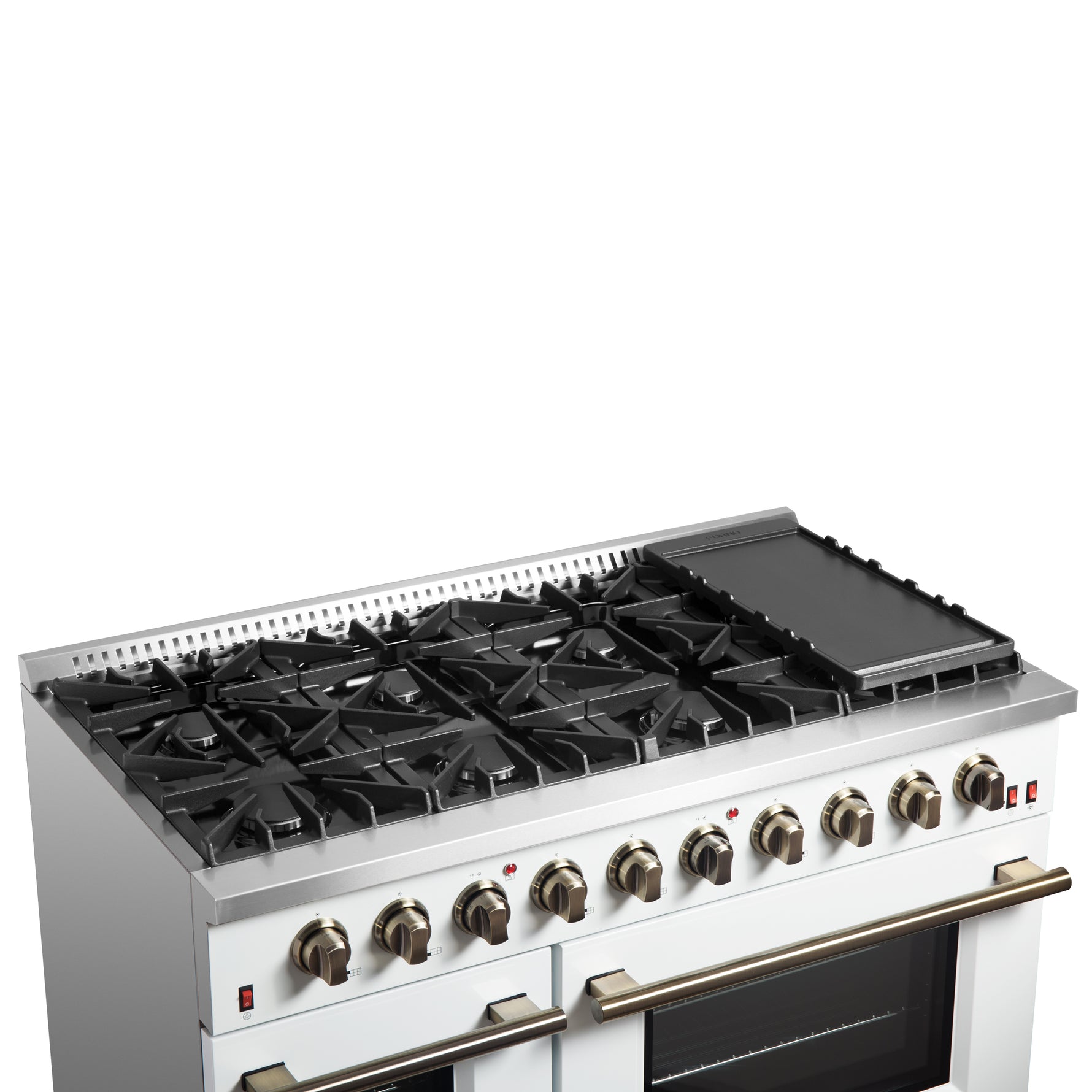 FORNO Galiano 48-inch Gas Range White & Antique Brass Design, 8 Burners, 107,000 BTU, Griddle, 6.58 cu.ft. Double Ovens - BonPrix Électroménagers