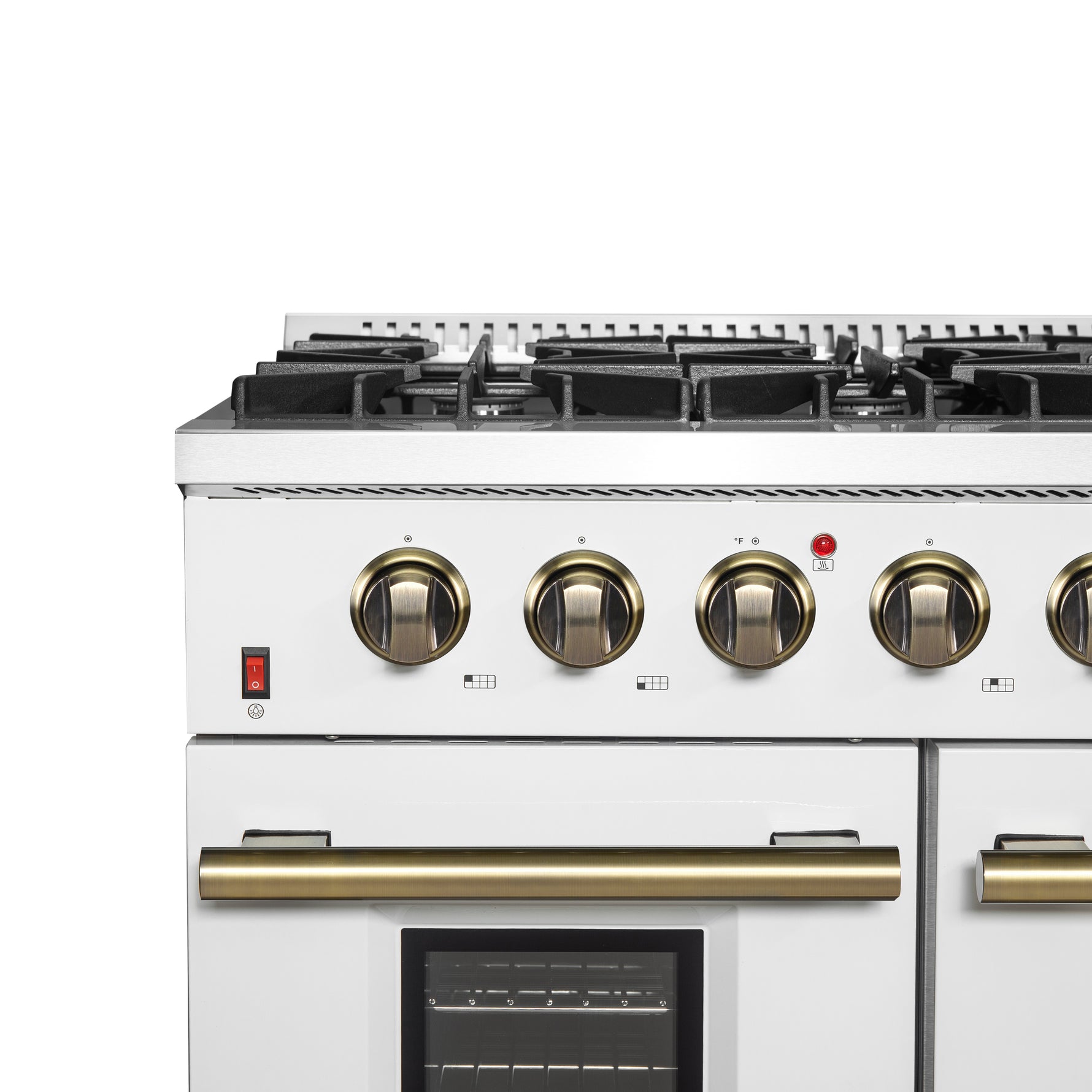 FORNO Galiano 48-inch Gas Range White & Antique Brass Design, 8 Burners, 107,000 BTU, Griddle, 6.58 cu.ft. Double Ovens - BonPrix Électroménagers
