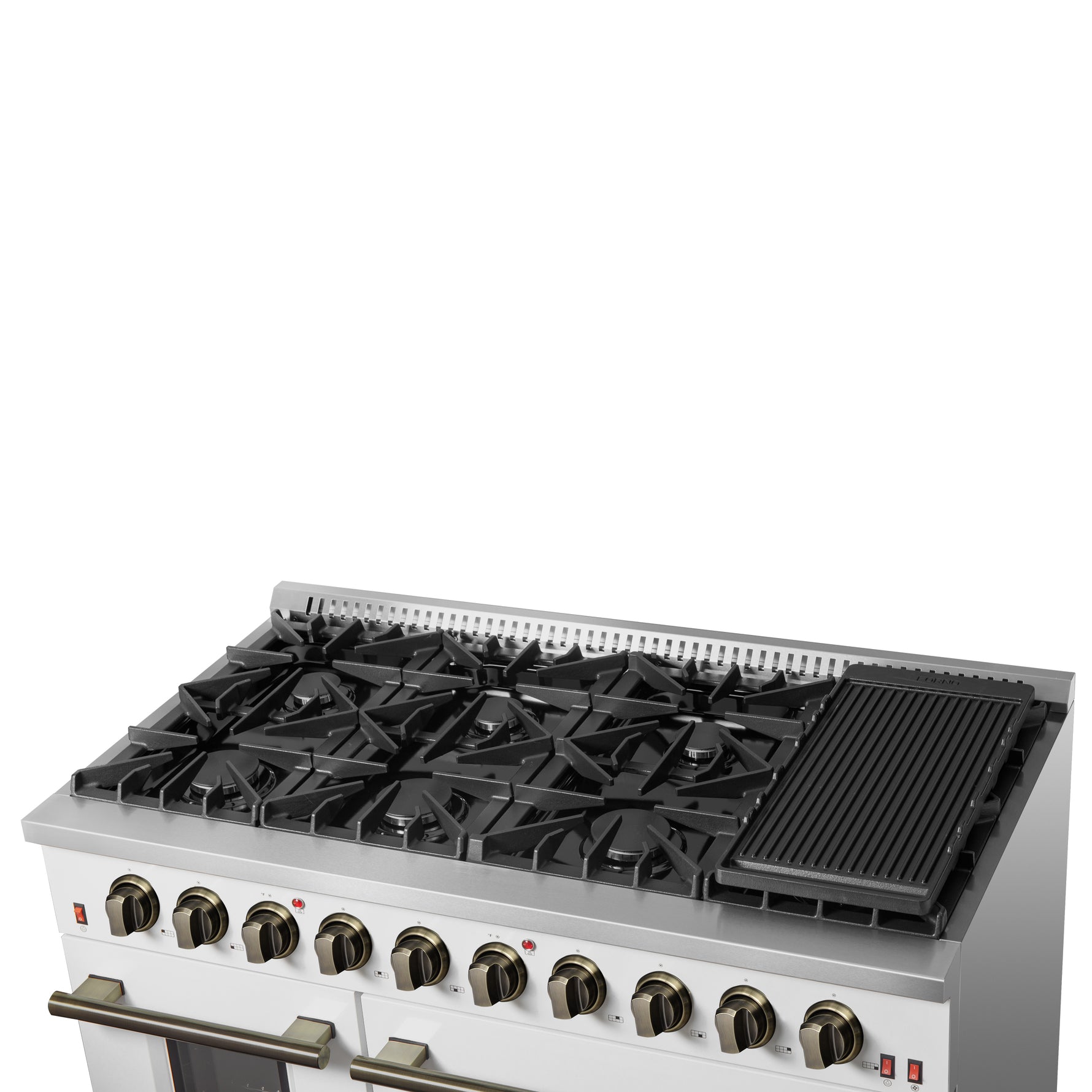 FORNO Galiano 48-inch Gas Range White & Antique Brass Design, 8 Burners, 107,000 BTU, Griddle, 6.58 cu.ft. Double Ovens - BonPrix Électroménagers