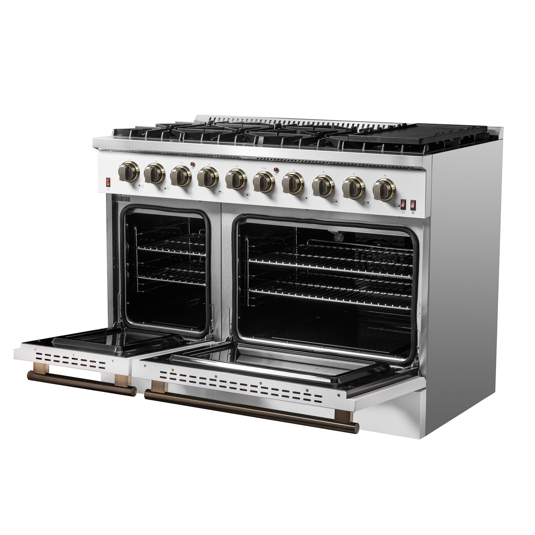 FORNO Galiano 48-inch Gas Range White & Antique Brass Design, 8 Burners, 107,000 BTU, Griddle, 6.58 cu.ft. Double Ovens - BonPrix Électroménagers