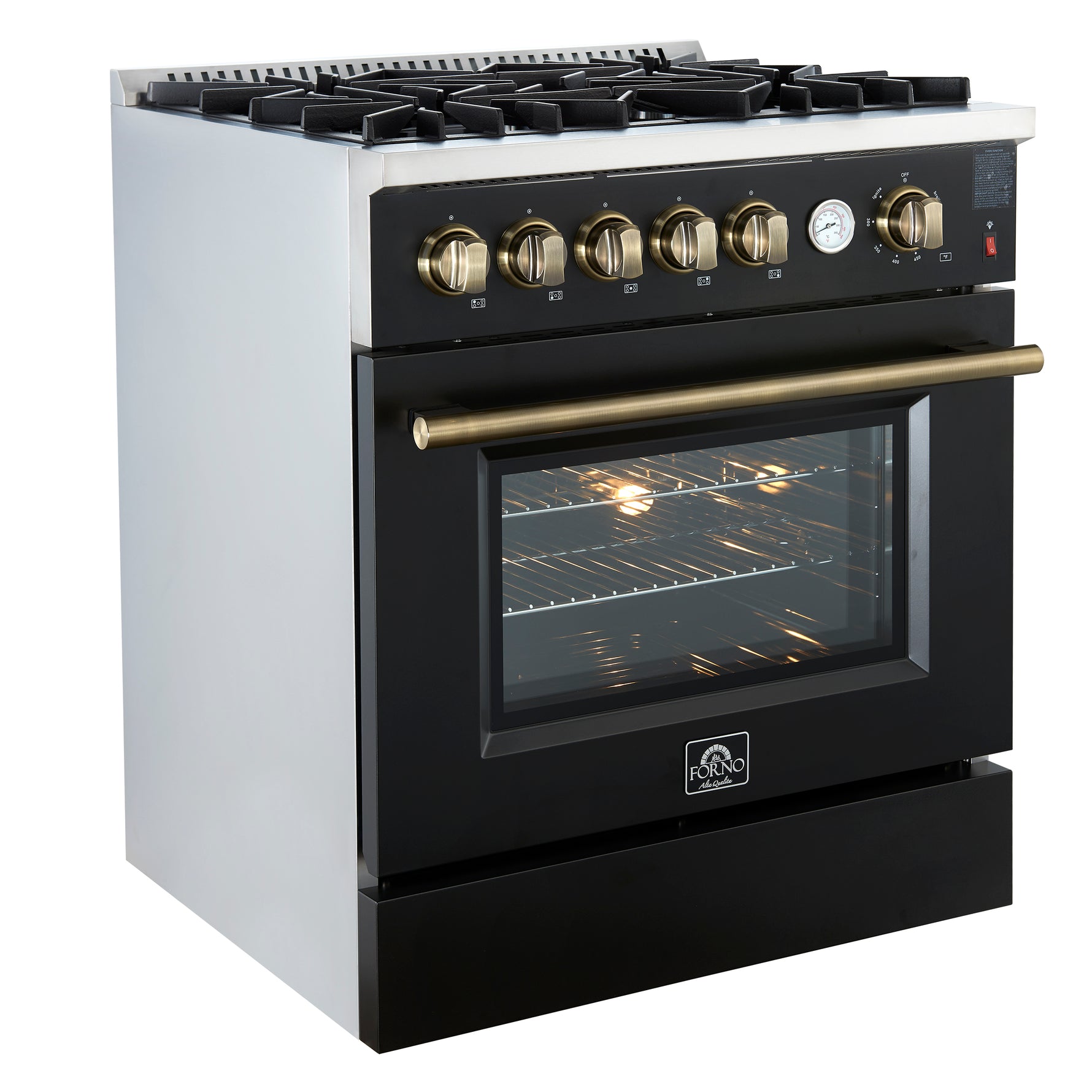 Giovanni 30-inch Gas Range Black & Antique Brass Design, 5 Burners 67,000 BTU, 4.32 cu.ft. Convection Oven - BonPrix Électroménagers