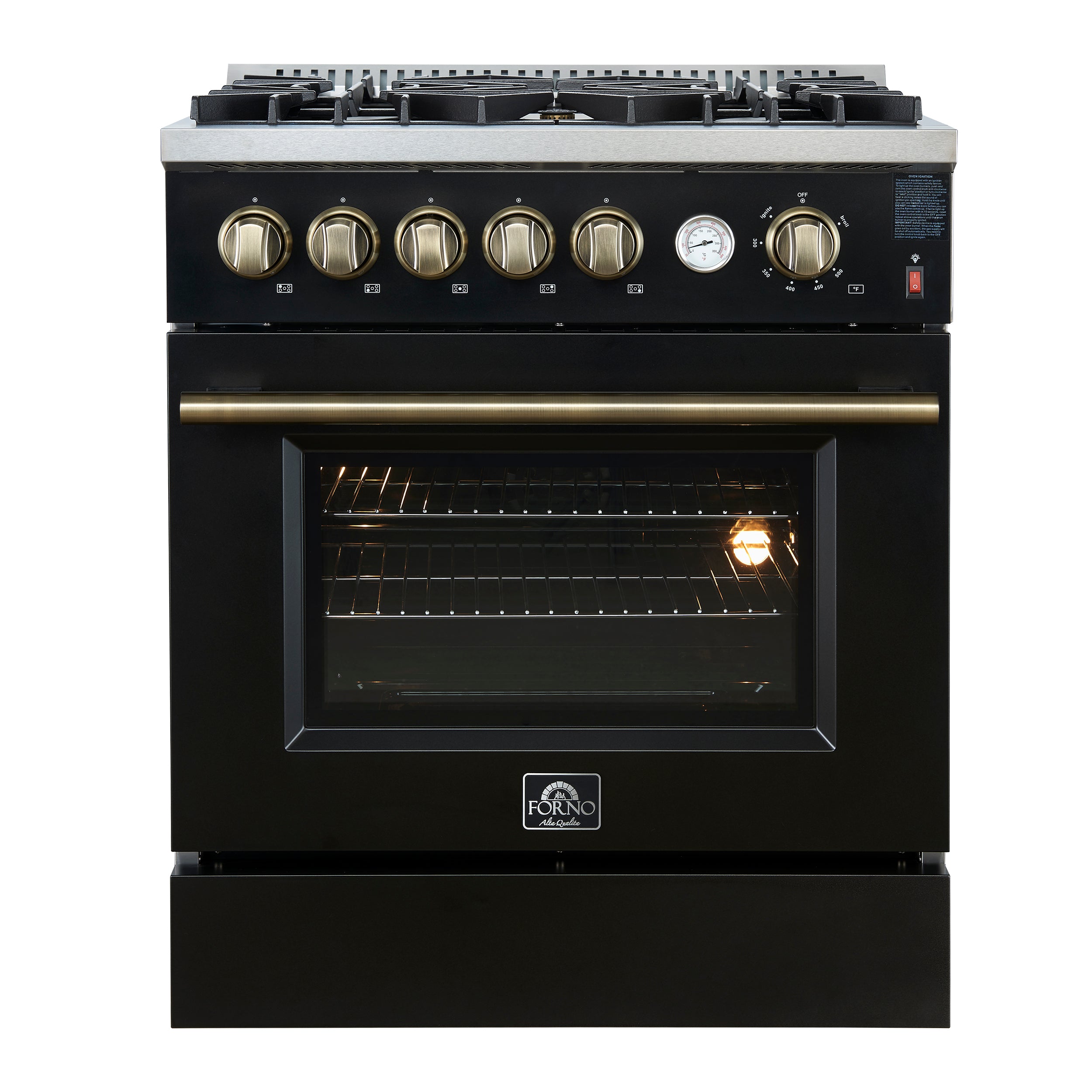 Giovanni 30-inch Gas Range Black & Antique Brass Design, 5 Burners 67,000 BTU, 4.32 cu.ft. Convection Oven - BonPrix Électroménagers
