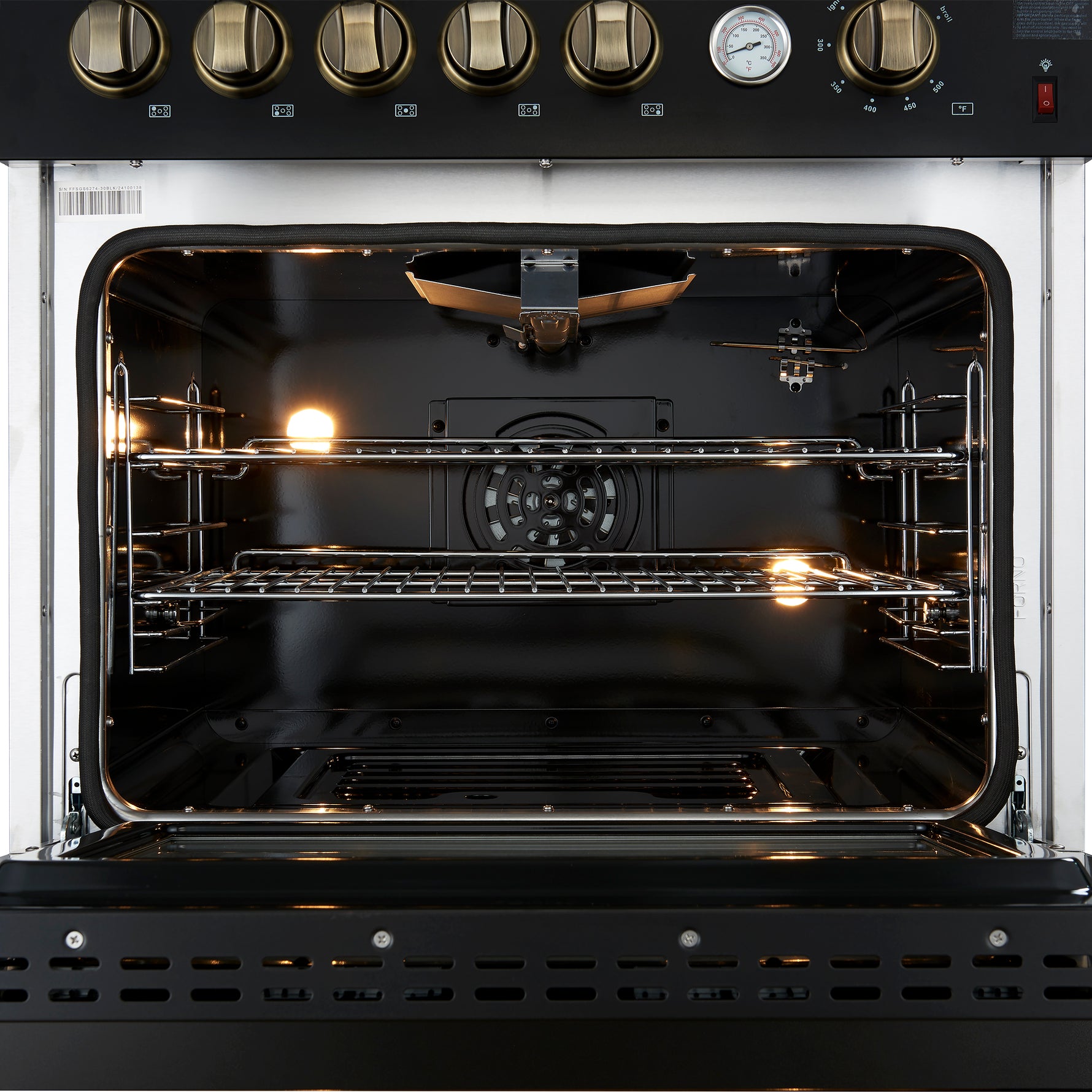 Giovanni 30-inch Gas Range Black & Antique Brass Design, 5 Burners 67,000 BTU, 4.32 cu.ft. Convection Oven - BonPrix Électroménagers
