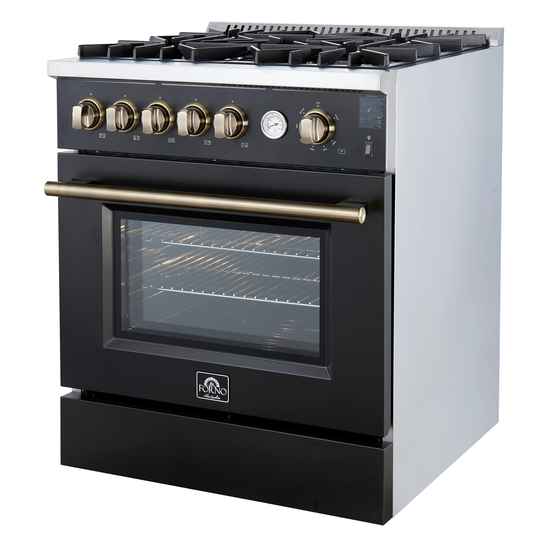 Giovanni 30-inch Gas Range Black & Antique Brass Design, 5 Burners 67,000 BTU, 4.32 cu.ft. Convection Oven - BonPrix Électroménagers