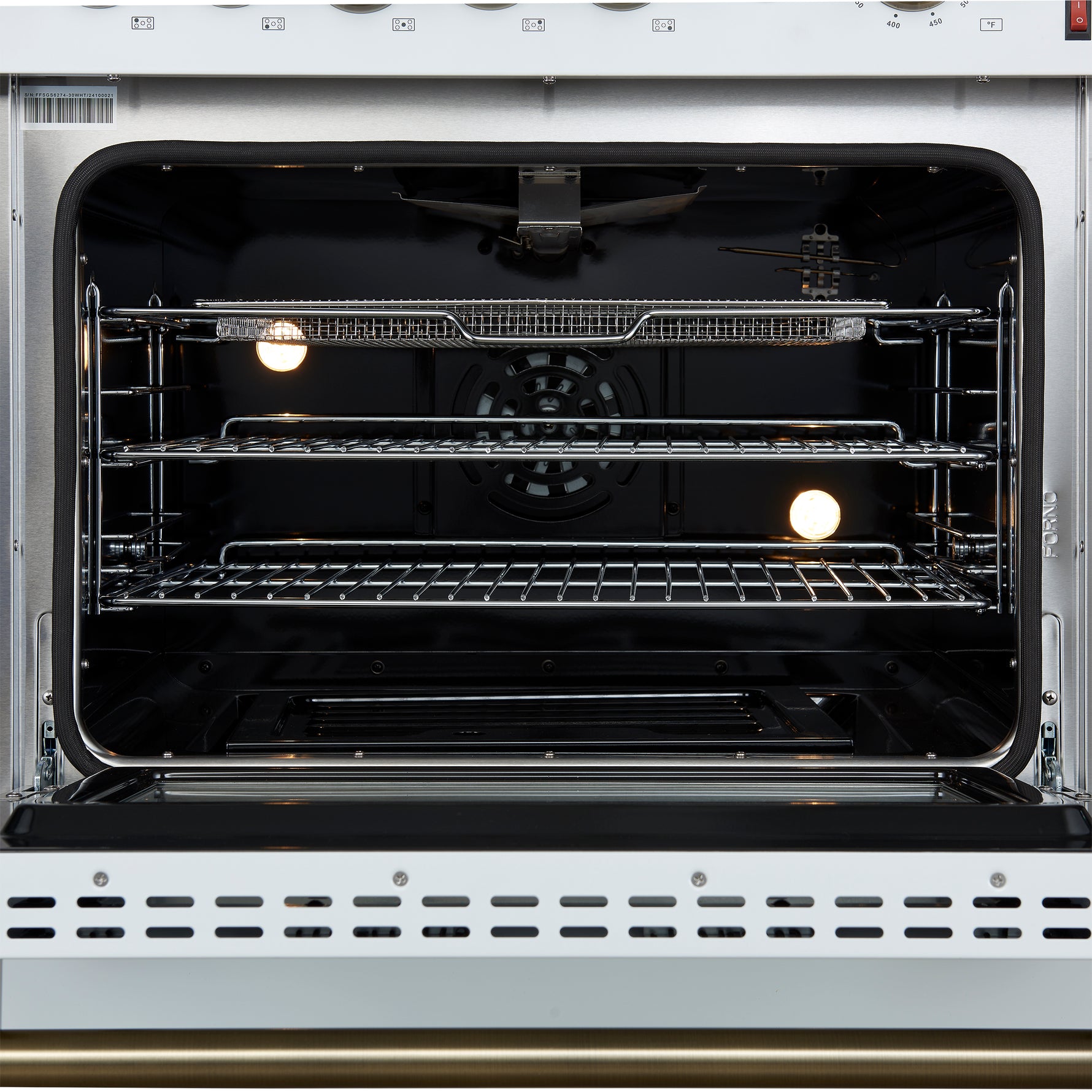 Giovanni 30-inch Gas Range White & Antique Brass Design, 5 Burners 67,000 BTU, 4.32 cu.ft. Convection Oven - BonPrix Électroménagers