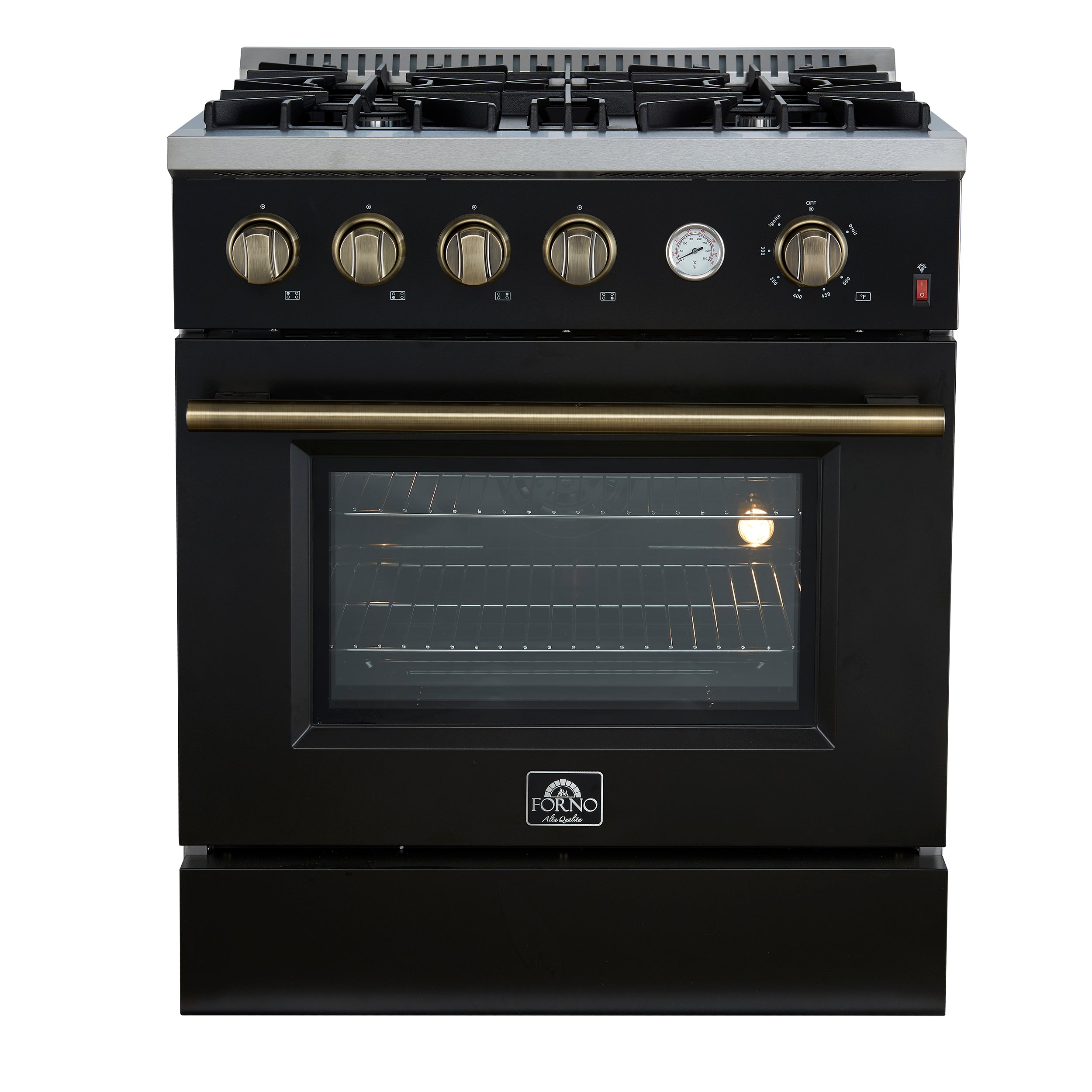 Marco 30-inch Gas Range Black & Antique Brass Design, 4 Burners 37,000 BTU, 4.32 cu.ft. Convection Oven - BonPrix Électroménagers