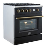Marco 30-inch Gas Range Black & Antique Brass Design, 4 Burners 37,000 BTU, 4.32 cu.ft. Convection Oven - BonPrix Électroménagers