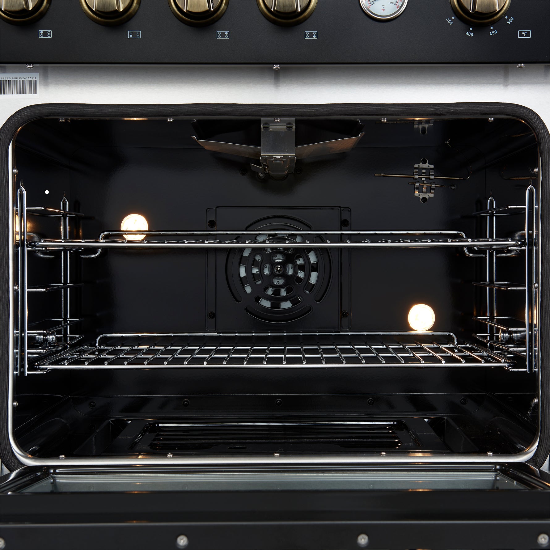 Marco 30-inch Gas Range Black & Antique Brass Design, 4 Burners 37,000 BTU, 4.32 cu.ft. Convection Oven - BonPrix Électroménagers