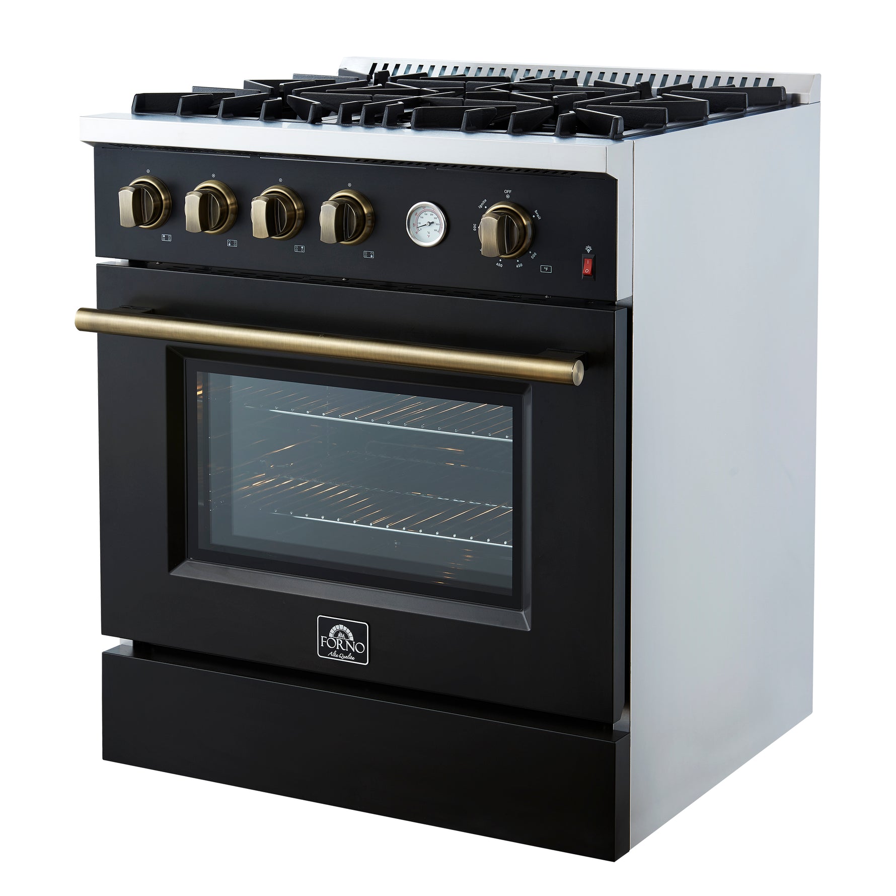 Marco 30-inch Gas Range Black & Antique Brass Design, 4 Burners 37,000 BTU, 4.32 cu.ft. Convection Oven - BonPrix Électroménagers