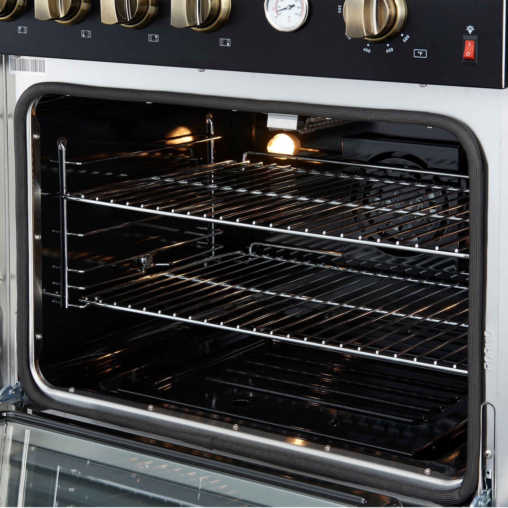 Marco 30-inch Gas Range Black & Antique Brass Design, 4 Burners 37,000 BTU, 4.32 cu.ft. Convection Oven - BonPrix Électroménagers