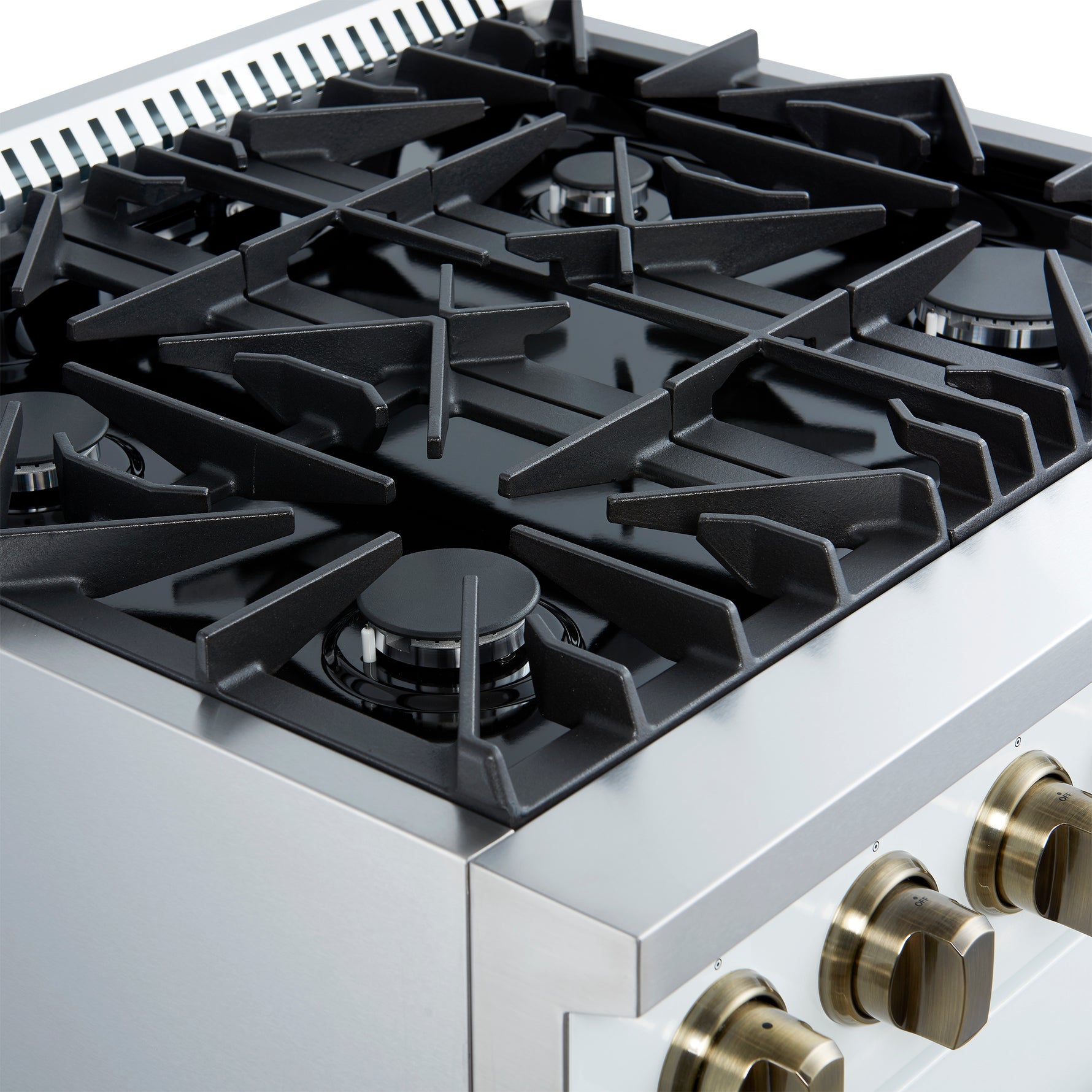 Marco 30-inch Gas Range White & Antique Brass Design, 4 Burners 37,000 BTU, 4.32 cu.ft. Convection Oven - BonPrix Électroménagers