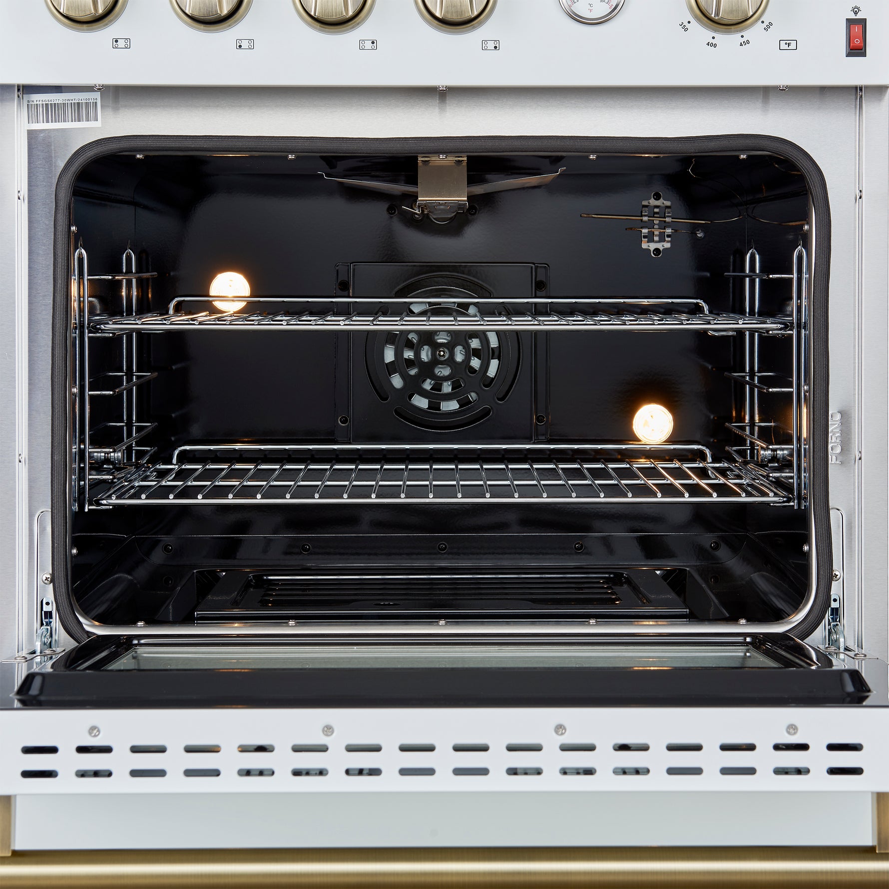 Marco 30-inch Gas Range White & Antique Brass Design, 4 Burners 37,000 BTU, 4.32 cu.ft. Convection Oven - BonPrix Électroménagers