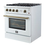 Marco 30-inch Gas Range White & Antique Brass Design, 4 Burners 37,000 BTU, 4.32 cu.ft. Convection Oven - BonPrix Électroménagers