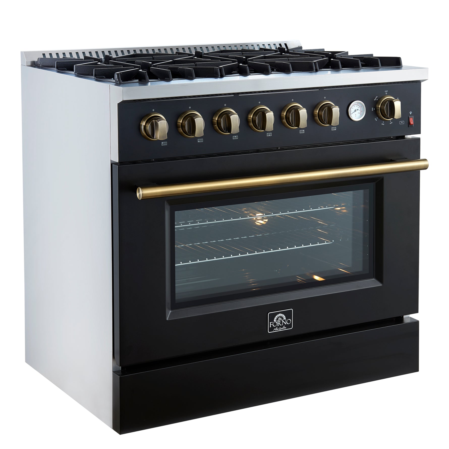 Marco 36-Inch Gas Range Black & Antique Brass Design, 6 Burners 67,000 BTU, 5.36 cu.ft. Convection Oven - BonPrix Électroménagers