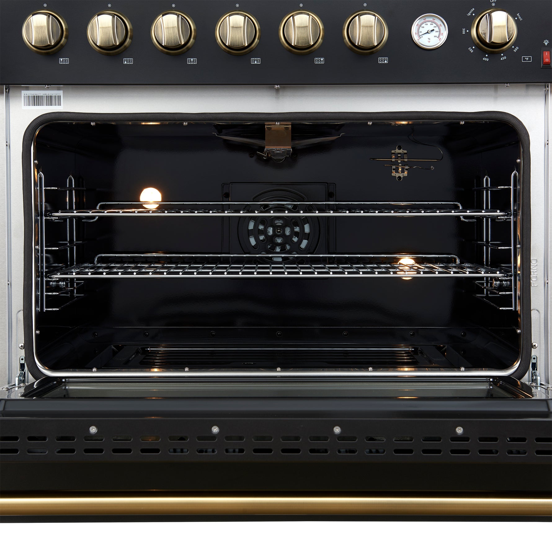 Marco 36-Inch Gas Range Black & Antique Brass Design, 6 Burners 67,000 BTU, 5.36 cu.ft. Convection Oven - BonPrix Électroménagers