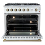 Marco 36-Inch Gas Range White & Antique Brass Design, 6 Burners 67,000 BTU, 5.36 cu.ft. Convection Oven - BonPrix Électroménagers