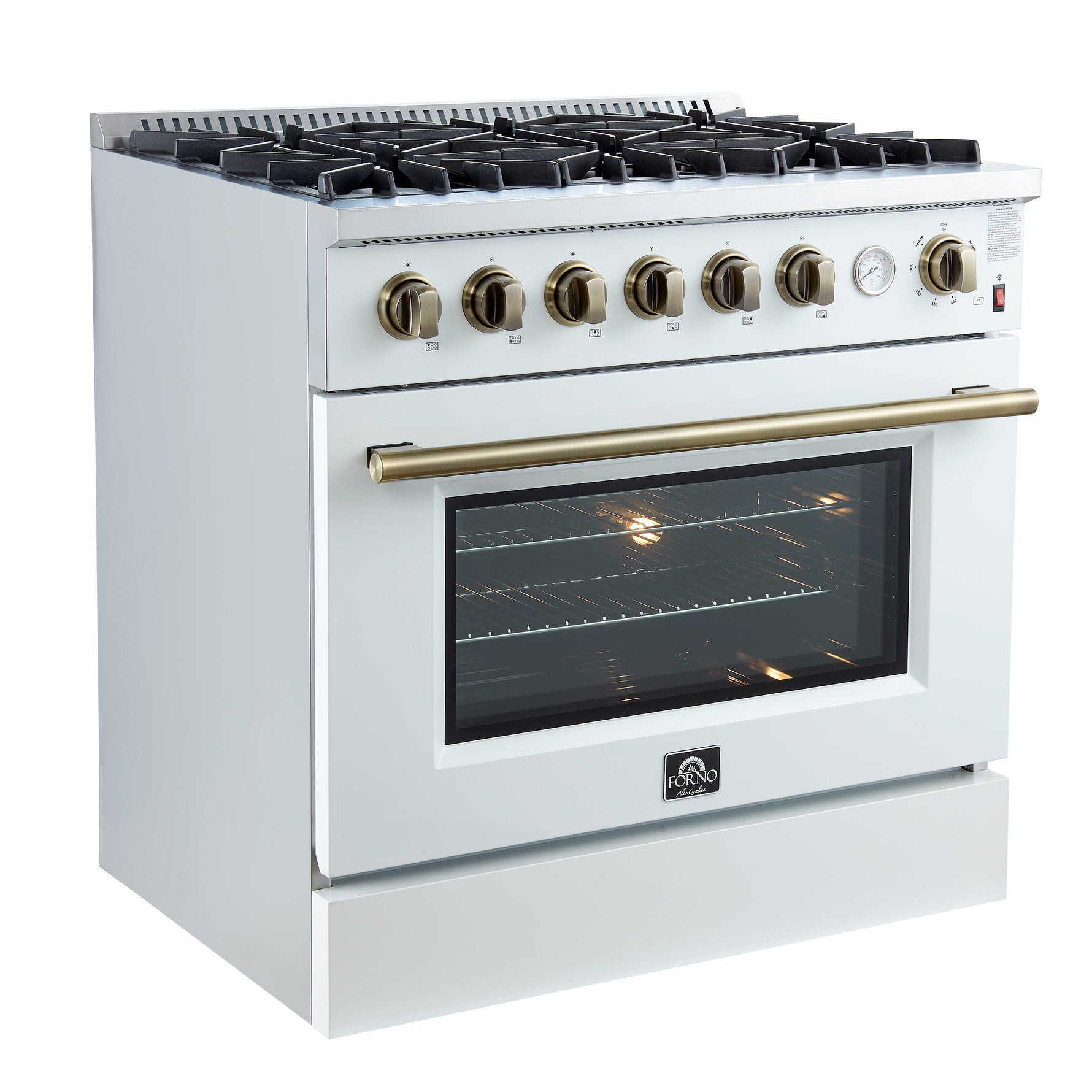 Marco 36-Inch Gas Range White & Antique Brass Design, 6 Burners 67,000 BTU, 5.36 cu.ft. Convection Oven - BonPrix Électroménagers
