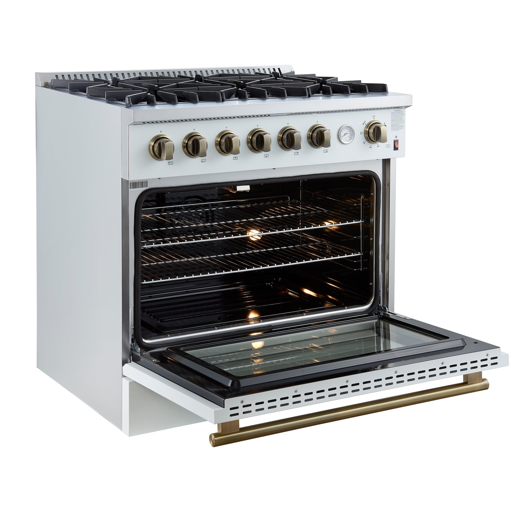 Marco 36-Inch Gas Range White & Antique Brass Design, 6 Burners 67,000 BTU, 5.36 cu.ft. Convection Oven - BonPrix Électroménagers