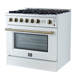 Marco 36-Inch Gas Range White & Antique Brass Design, 6 Burners 67,000 BTU, 5.36 cu.ft. Convection Oven - BonPrix Électroménagers
