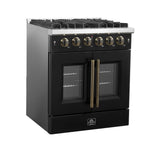 Forno Galiano 30-inch French Door Gas Range Black and Antique Brass Design, 5 Sealed Burners 68,000 BTU,  4.32 cu.ft. Convection Oven - BonPrix Électroménagers