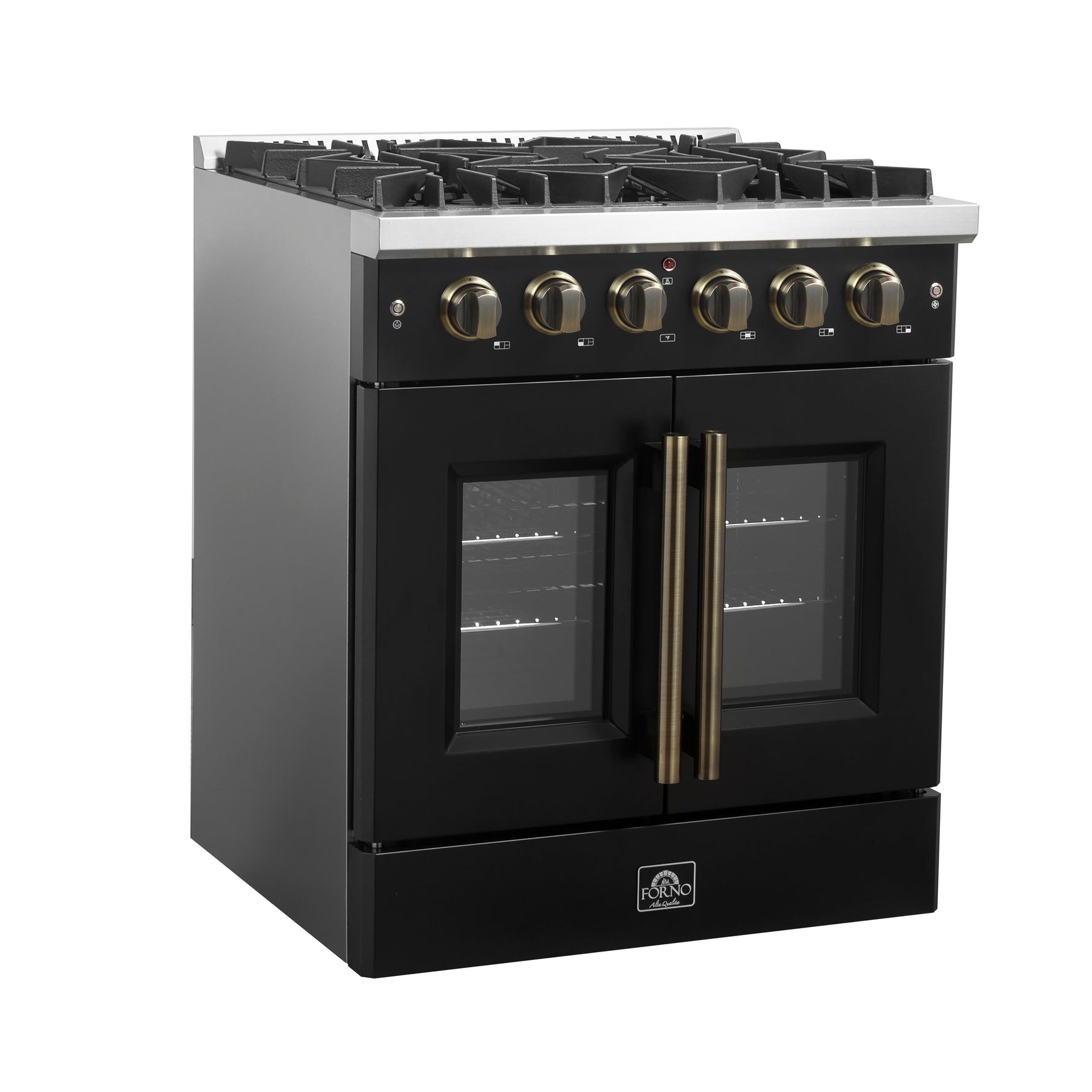 Forno Galiano 30-inch French Door Gas Range Black and Antique Brass Design, 5 Sealed Burners 68,000 BTU,  4.32 cu.ft. Convection Oven - BonPrix Électroménagers