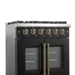 Forno Galiano 30-inch French Door Gas Range Black and Antique Brass Design, 5 Sealed Burners 68,000 BTU,  4.32 cu.ft. Convection Oven - BonPrix Électroménagers