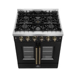 Forno Galiano 30-inch French Door Gas Range Black and Antique Brass Design, 5 Sealed Burners 68,000 BTU,  4.32 cu.ft. Convection Oven - BonPrix Électroménagers