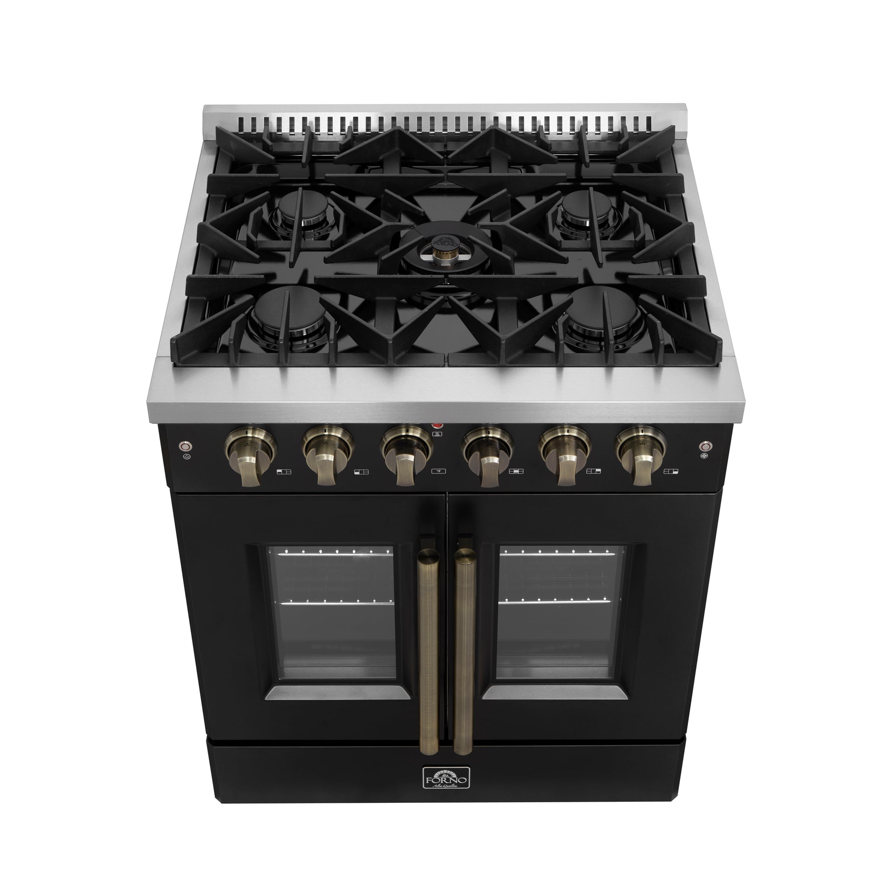Forno Galiano 30-inch French Door Gas Range Black and Antique Brass Design, 5 Sealed Burners 68,000 BTU,  4.32 cu.ft. Convection Oven - BonPrix Électroménagers
