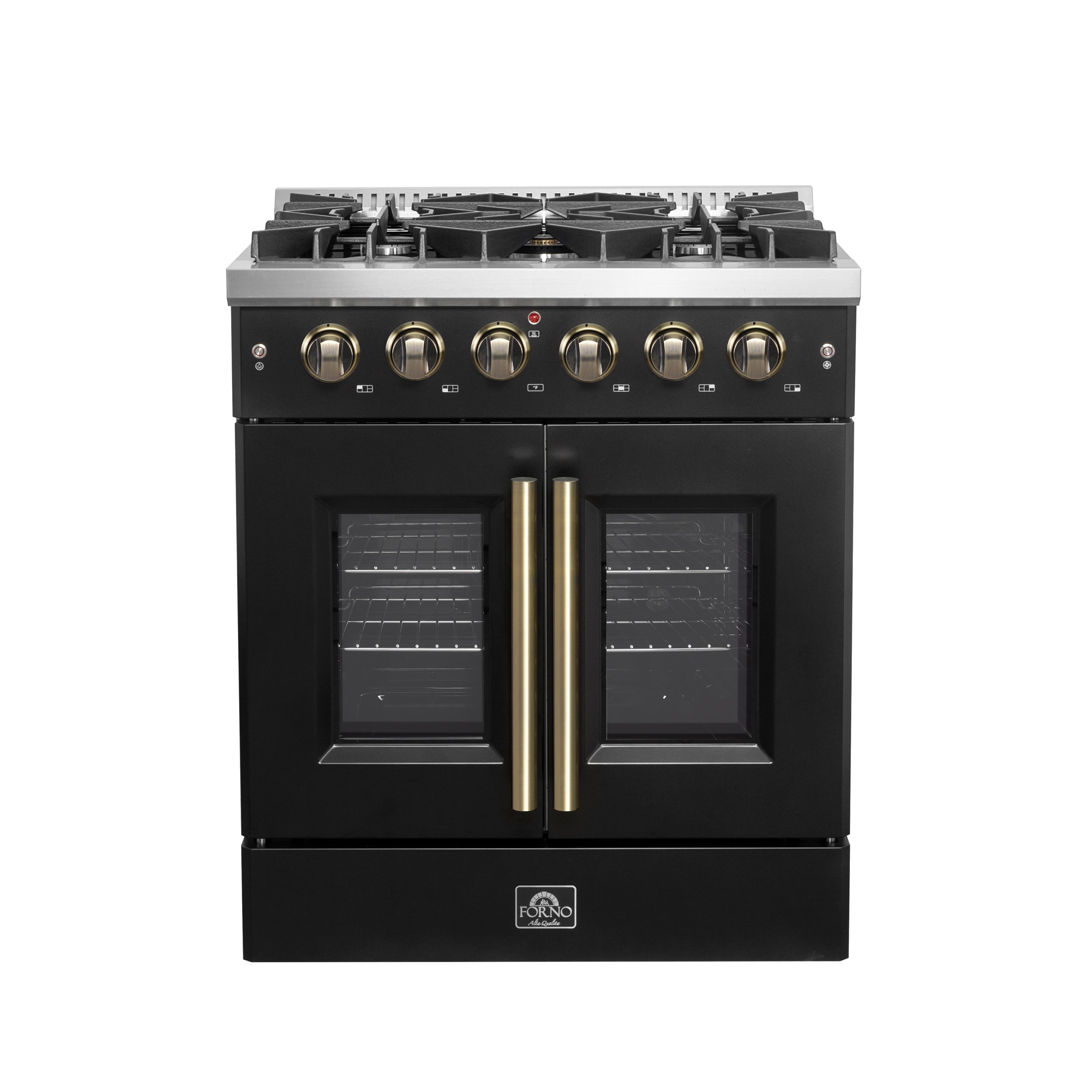 Forno Galiano 30-inch French Door Gas Range Black and Antique Brass Design, 5 Sealed Burners 68,000 BTU,  4.32 cu.ft. Convection Oven - BonPrix Électroménagers