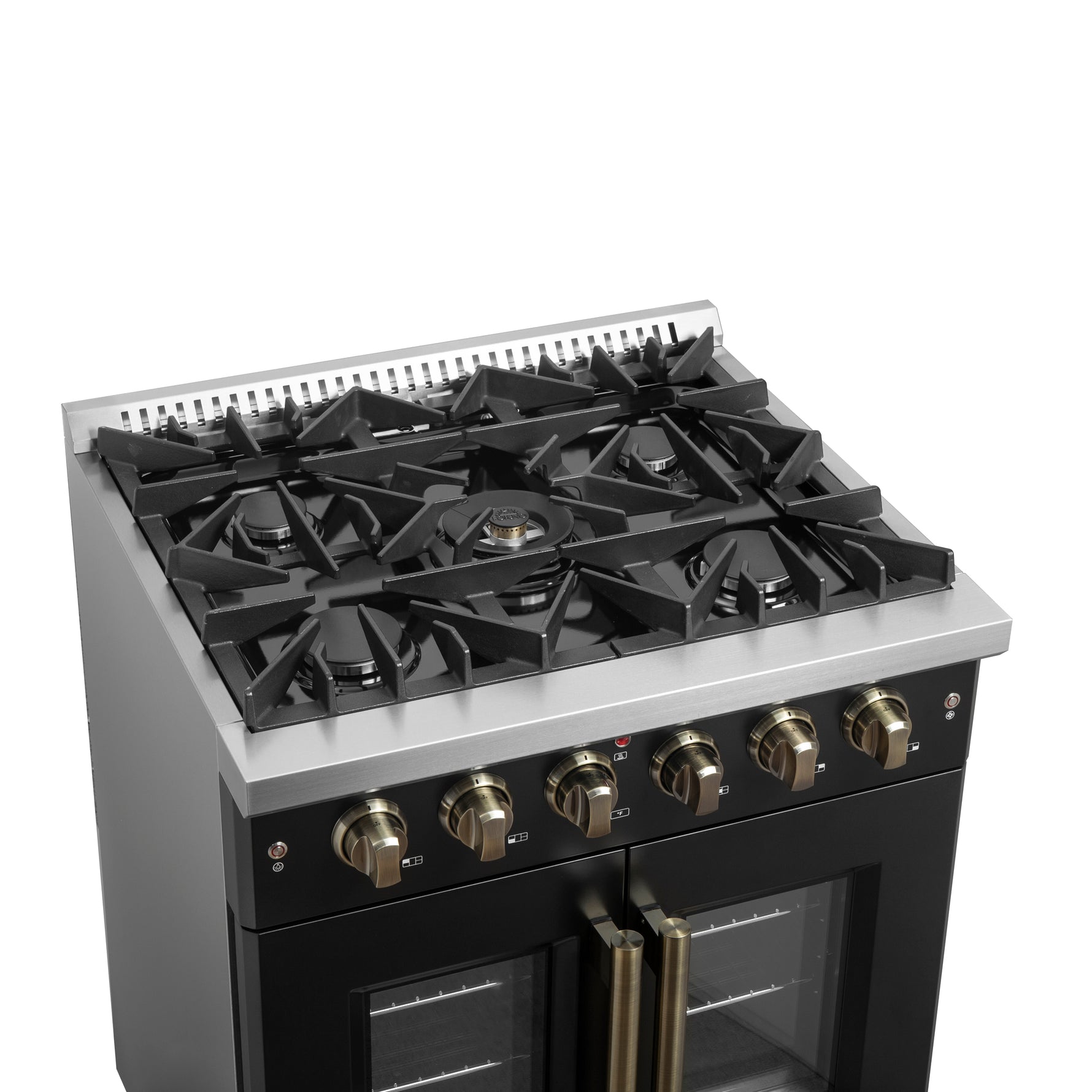 Forno Galiano 30-inch French Door Gas Range Black and Antique Brass Design, 5 Sealed Burners 68,000 BTU,  4.32 cu.ft. Convection Oven - BonPrix Électroménagers
