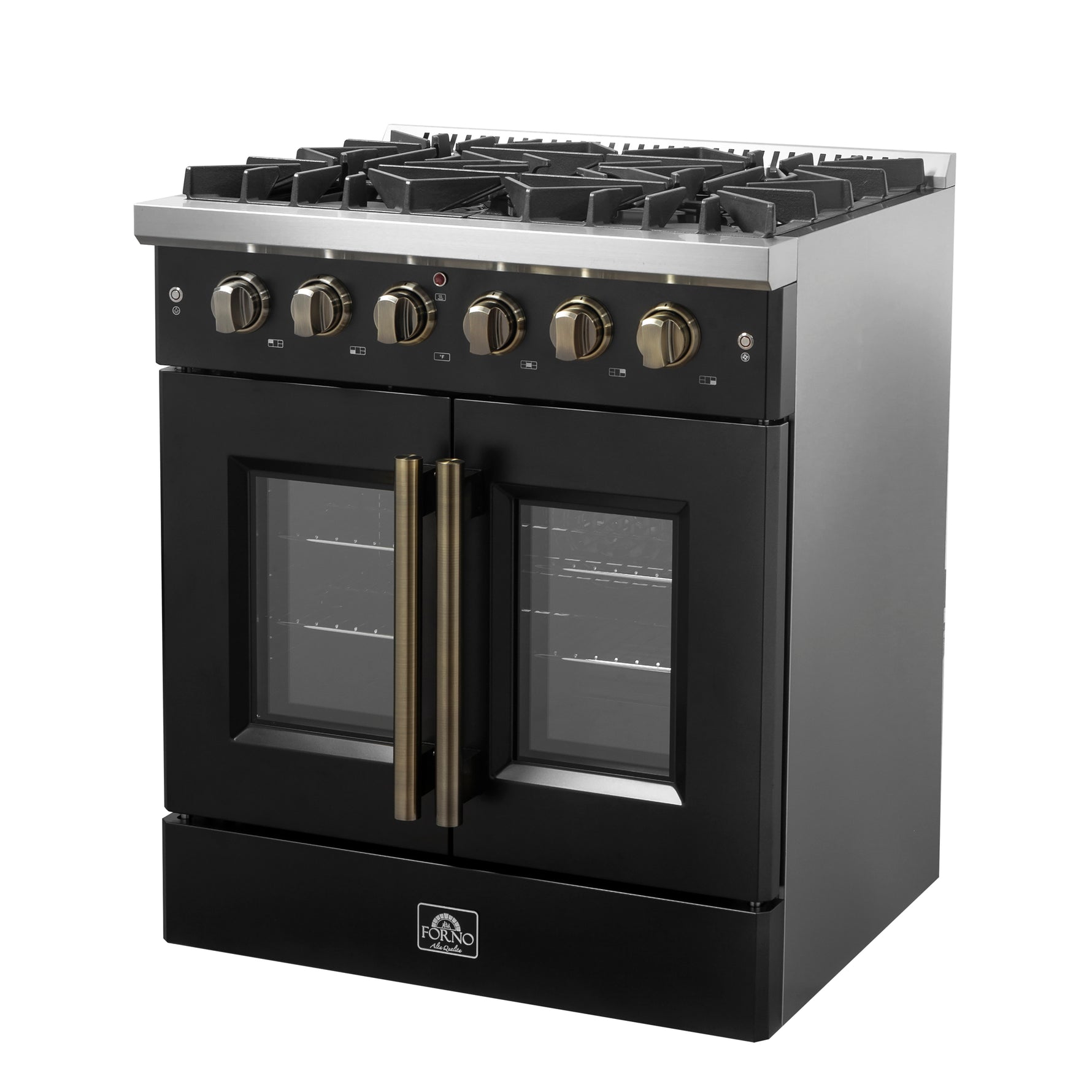 Forno Galiano 30-inch French Door Gas Range Black and Antique Brass Design, 5 Sealed Burners 68,000 BTU,  4.32 cu.ft. Convection Oven - BonPrix Électroménagers