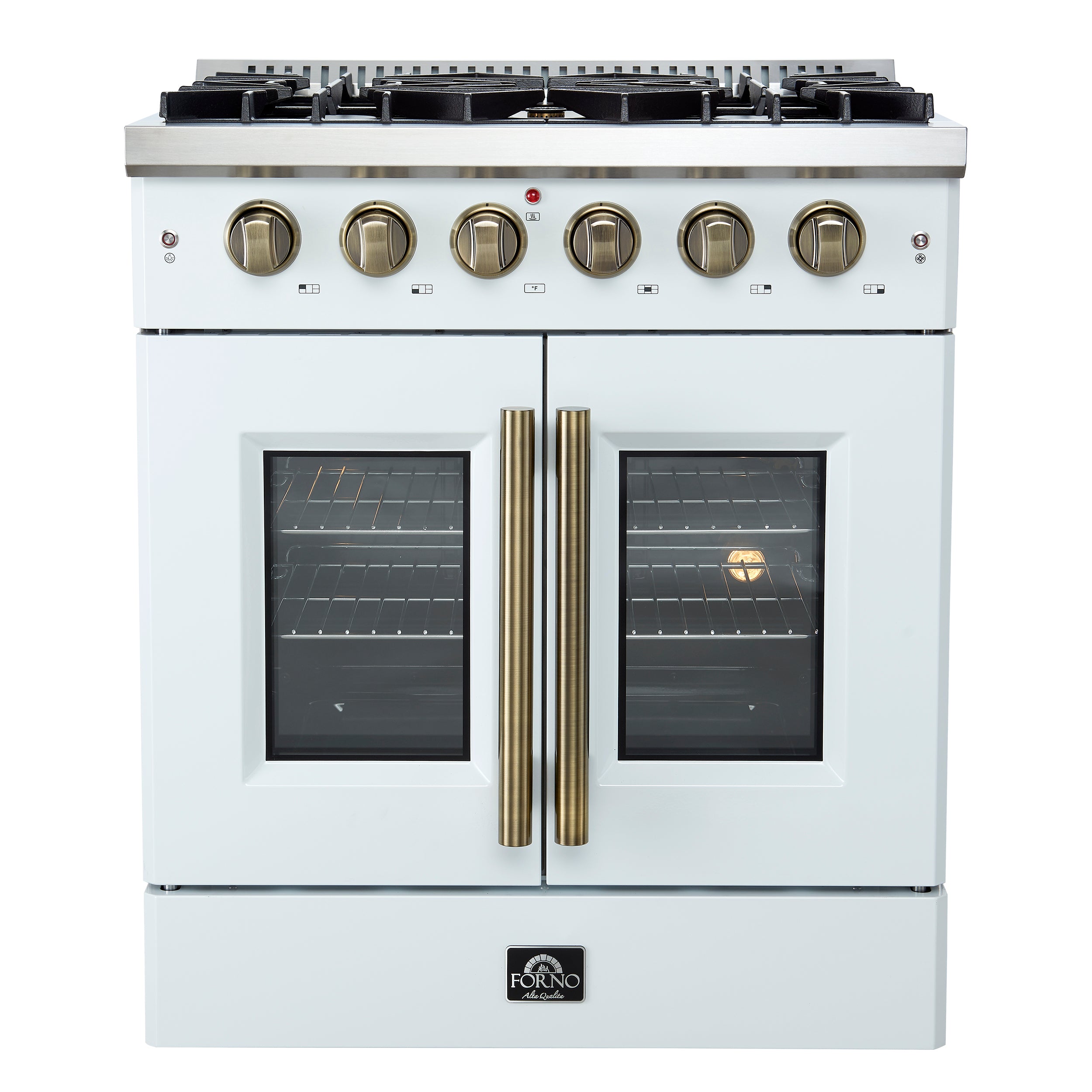 Forno Galiano 30-inch French Door Gas Range
White with Antique Brass Design, 5 Burners,
68,000 BTU, 4.32 cu.ft. Convection Oven - BonPrix Électroménagers