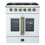 Forno Galiano 30-inch French Door Gas Range
White with Antique Brass Design, 5 Burners,
68,000 BTU, 4.32 cu.ft. Convection Oven - BonPrix Électroménagers
