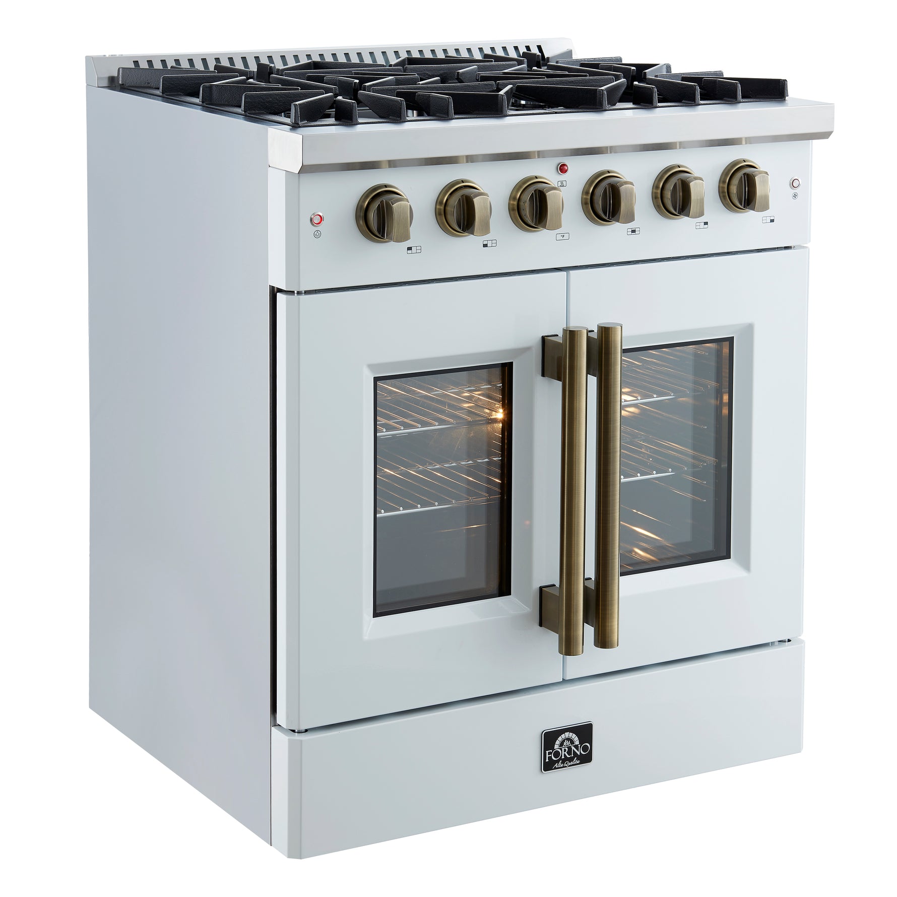 Forno Galiano 30-inch French Door Gas Range
White with Antique Brass Design, 5 Burners,
68,000 BTU, 4.32 cu.ft. Convection Oven - BonPrix Électroménagers