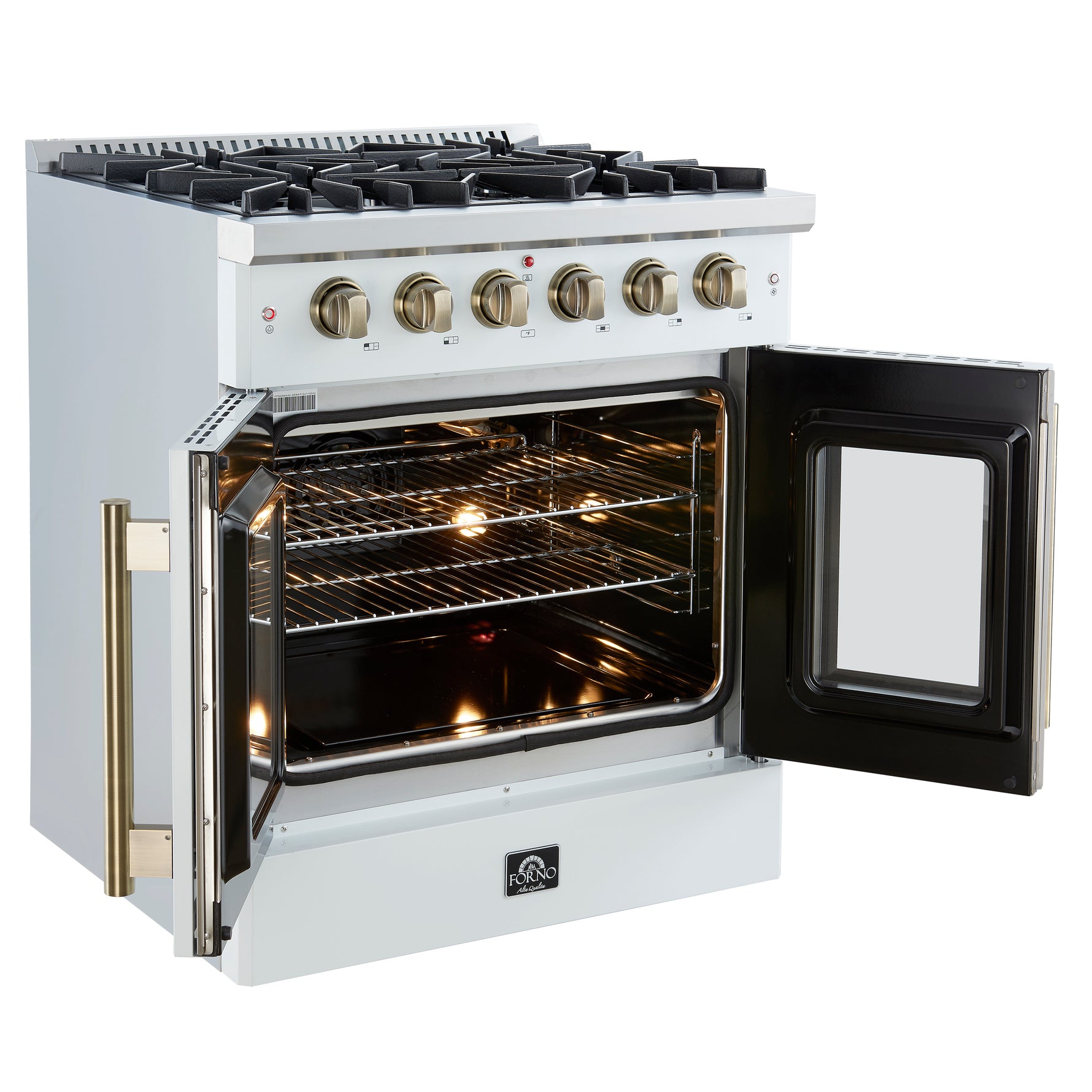 Forno Galiano 30-inch French Door Gas Range
White with Antique Brass Design, 5 Burners,
68,000 BTU, 4.32 cu.ft. Convection Oven - BonPrix Électroménagers