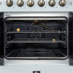 Forno Galiano 30-inch French Door Gas Range
White with Antique Brass Design, 5 Burners,
68,000 BTU, 4.32 cu.ft. Convection Oven - BonPrix Électroménagers