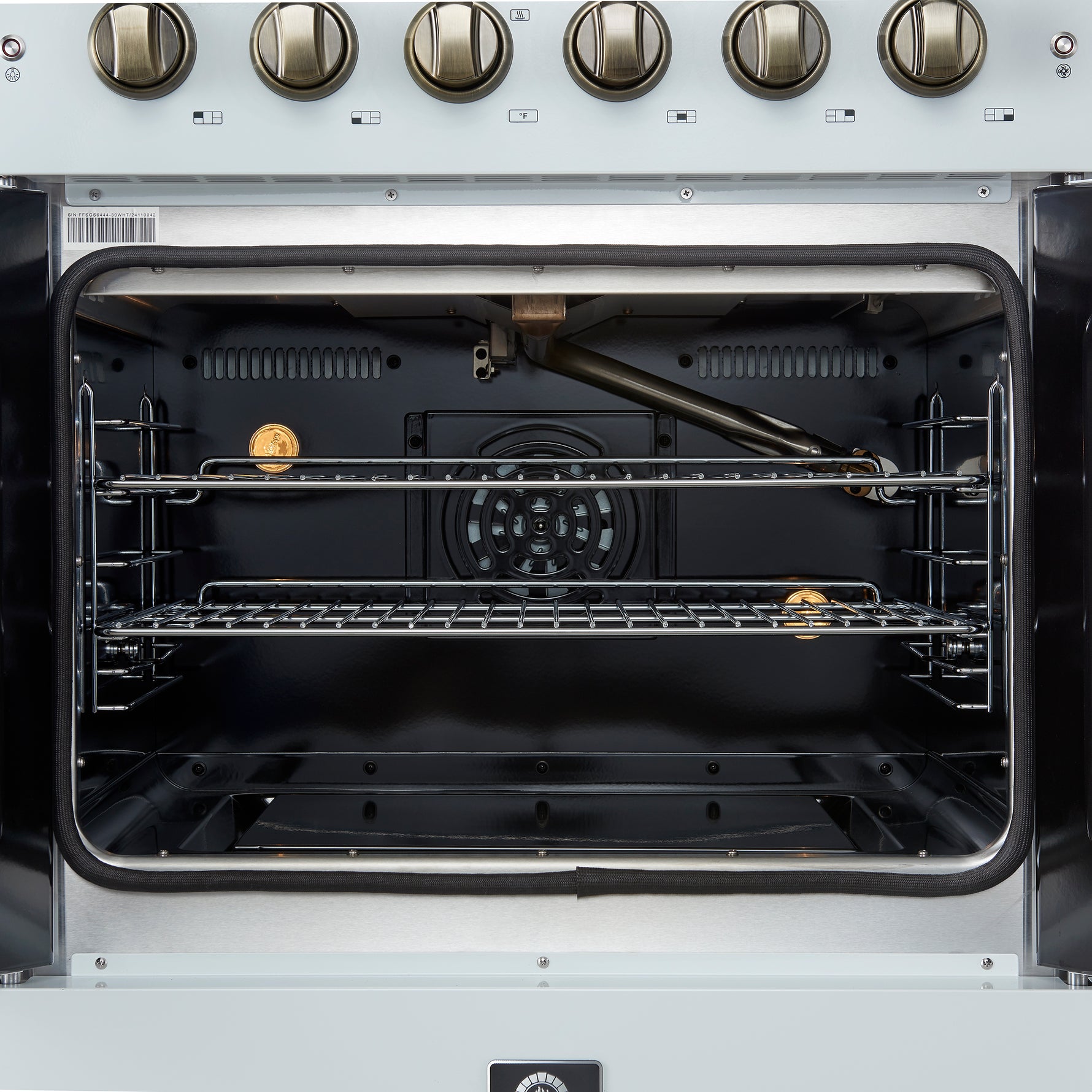 Forno Galiano 30-inch French Door Gas Range
White with Antique Brass Design, 5 Burners,
68,000 BTU, 4.32 cu.ft. Convection Oven - BonPrix Électroménagers