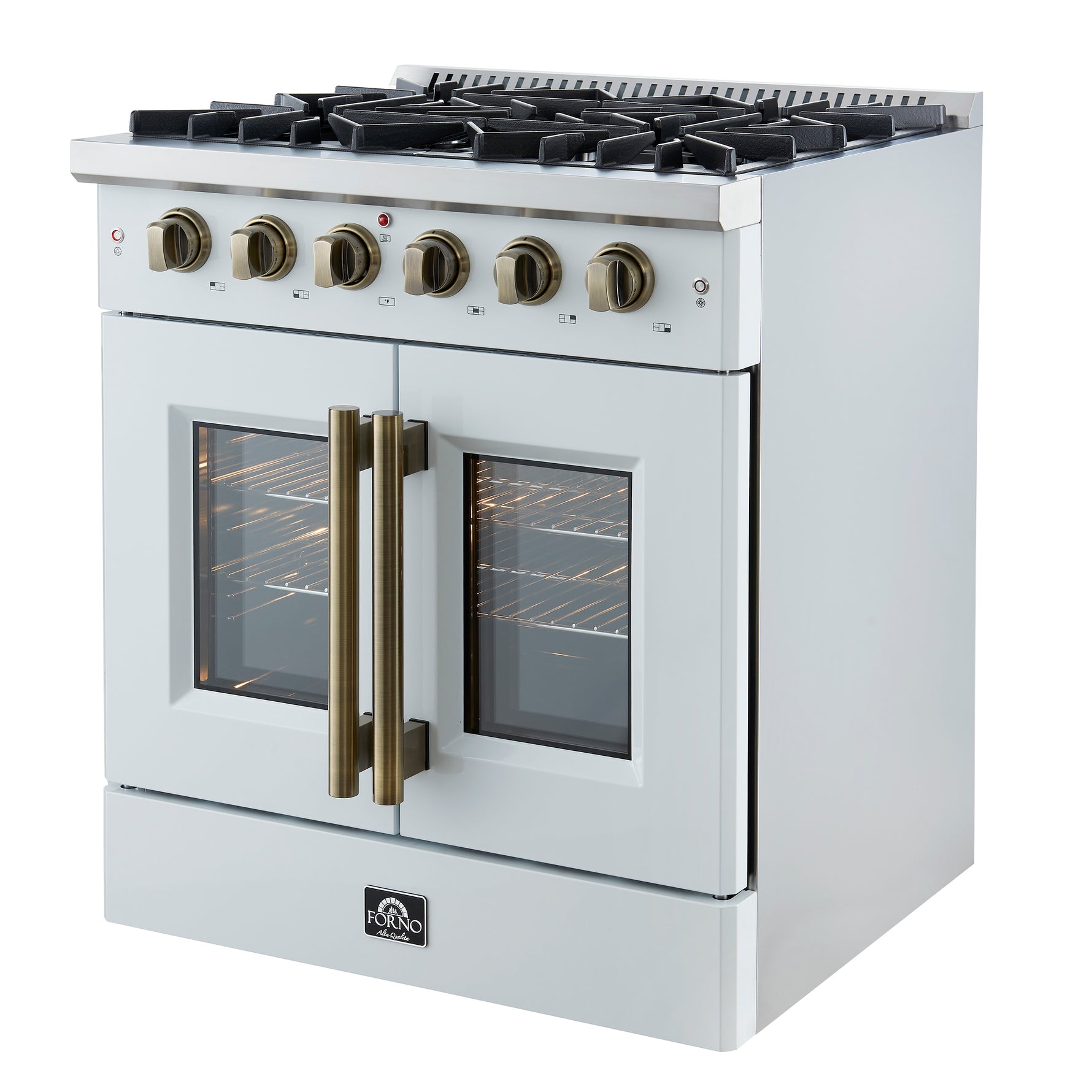 Forno Galiano 30-inch French Door Gas Range
White with Antique Brass Design, 5 Burners,
68,000 BTU, 4.32 cu.ft. Convection Oven - BonPrix Électroménagers