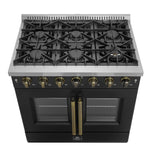 Forno Galiano 36-inch French Door Gas Range Black and Antique Brass Design, 6 Sealed Burners 83,000 BTU, 5.36 cu.ft. Convection Oven - BonPrix Électroménagers
