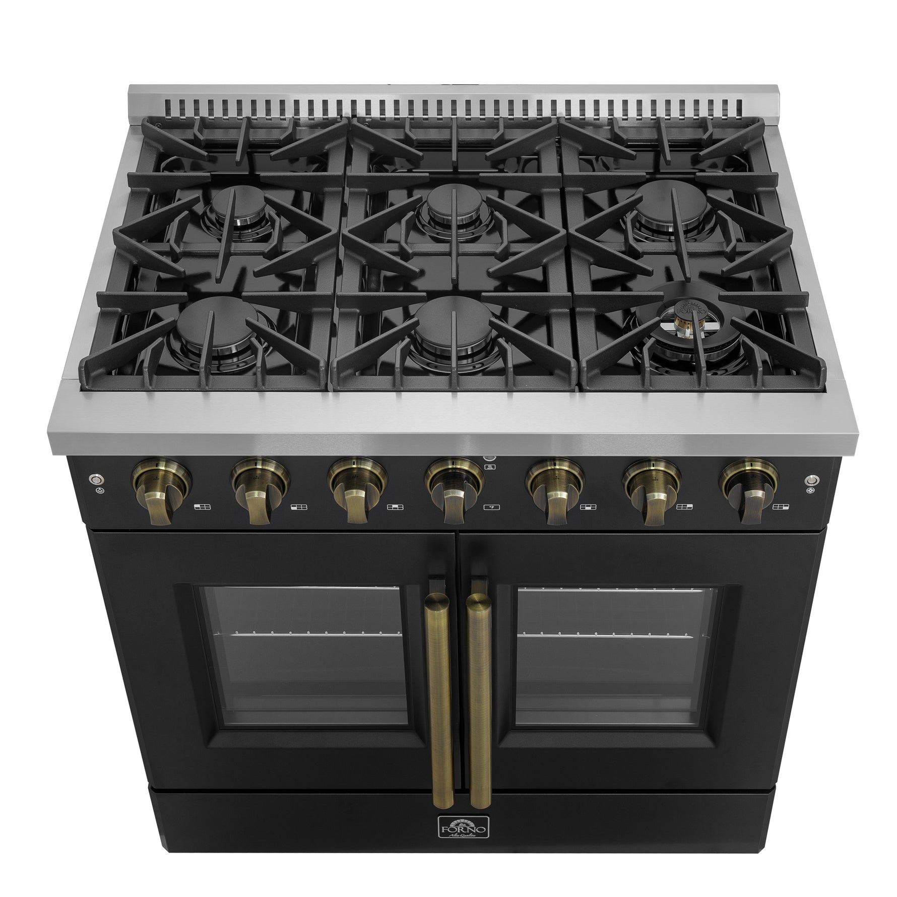 Forno Galiano 36-inch French Door Gas Range Black and Antique Brass Design, 6 Sealed Burners 83,000 BTU, 5.36 cu.ft. Convection Oven - BonPrix Électroménagers