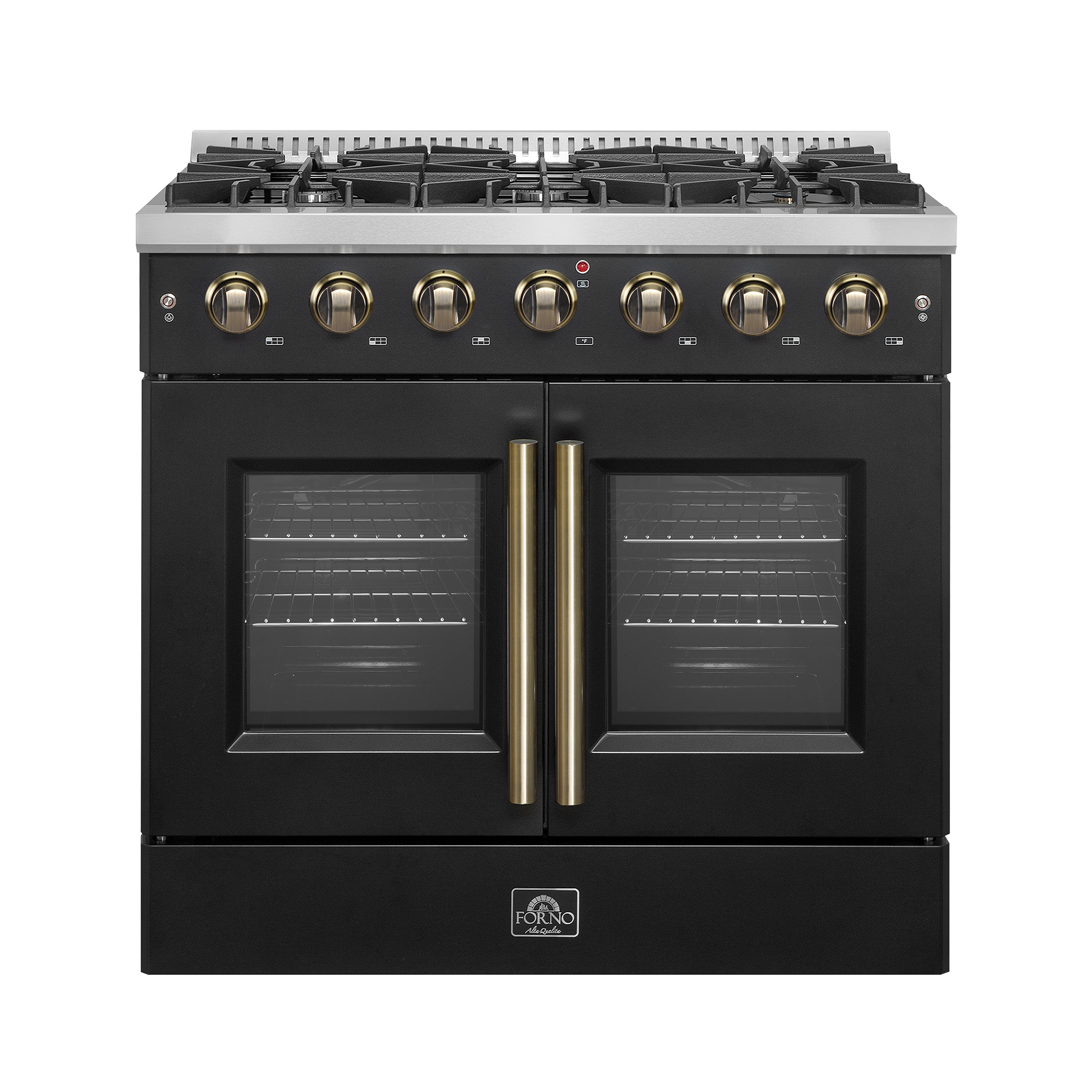 Forno Galiano 36-inch French Door Gas Range Black and Antique Brass Design, 6 Sealed Burners 83,000 BTU, 5.36 cu.ft. Convection Oven - BonPrix Électroménagers